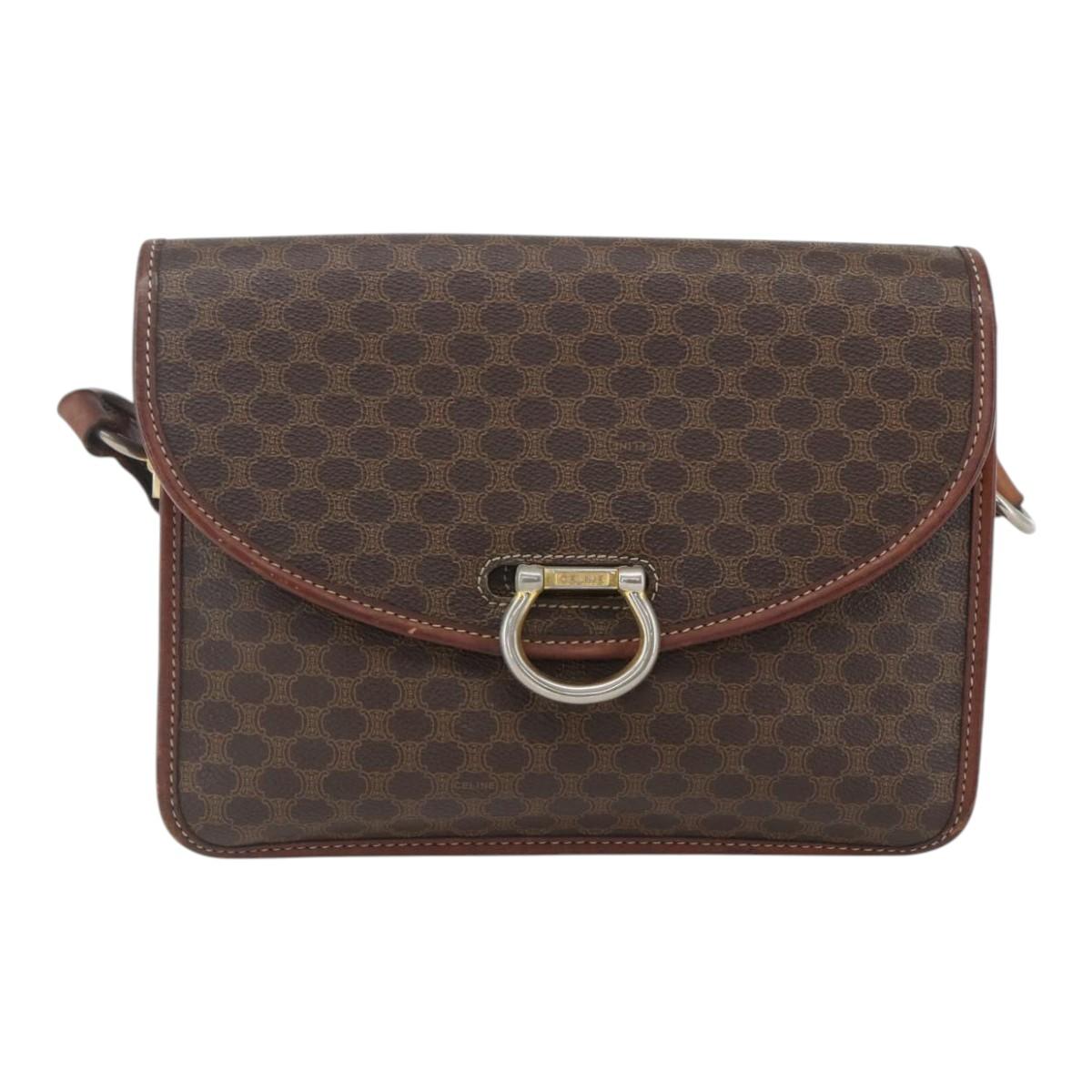 CELINE Macadam Canvas Shoulder Bag PVC Leather Brown Gold Auth ka975