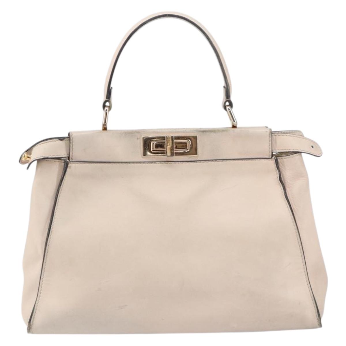 FENDI Hand Bag Leather Beige Gold Auth ka992