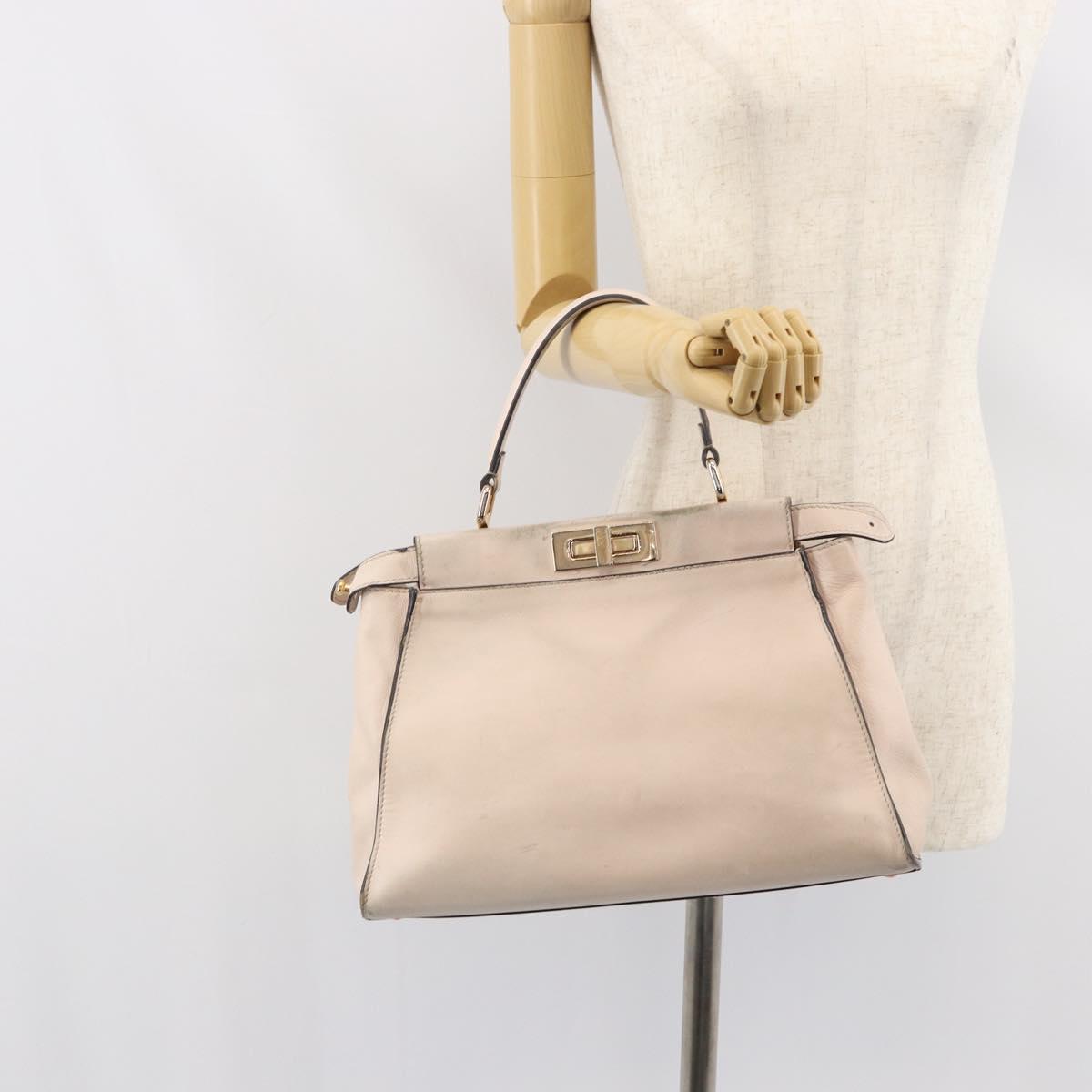 FENDI Hand Bag Leather Beige Gold Auth ka992