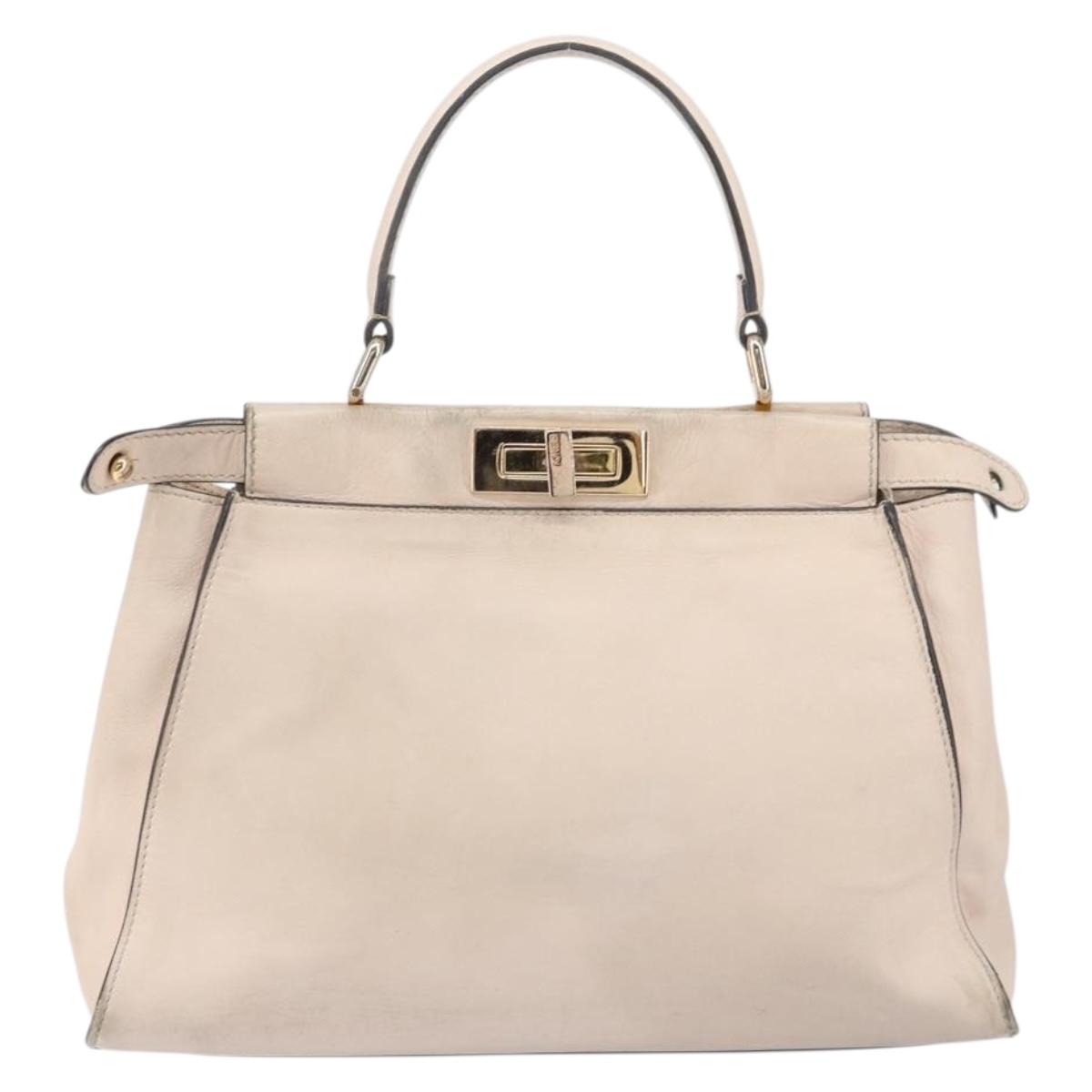 FENDI Hand Bag Leather Beige Gold Auth ka992