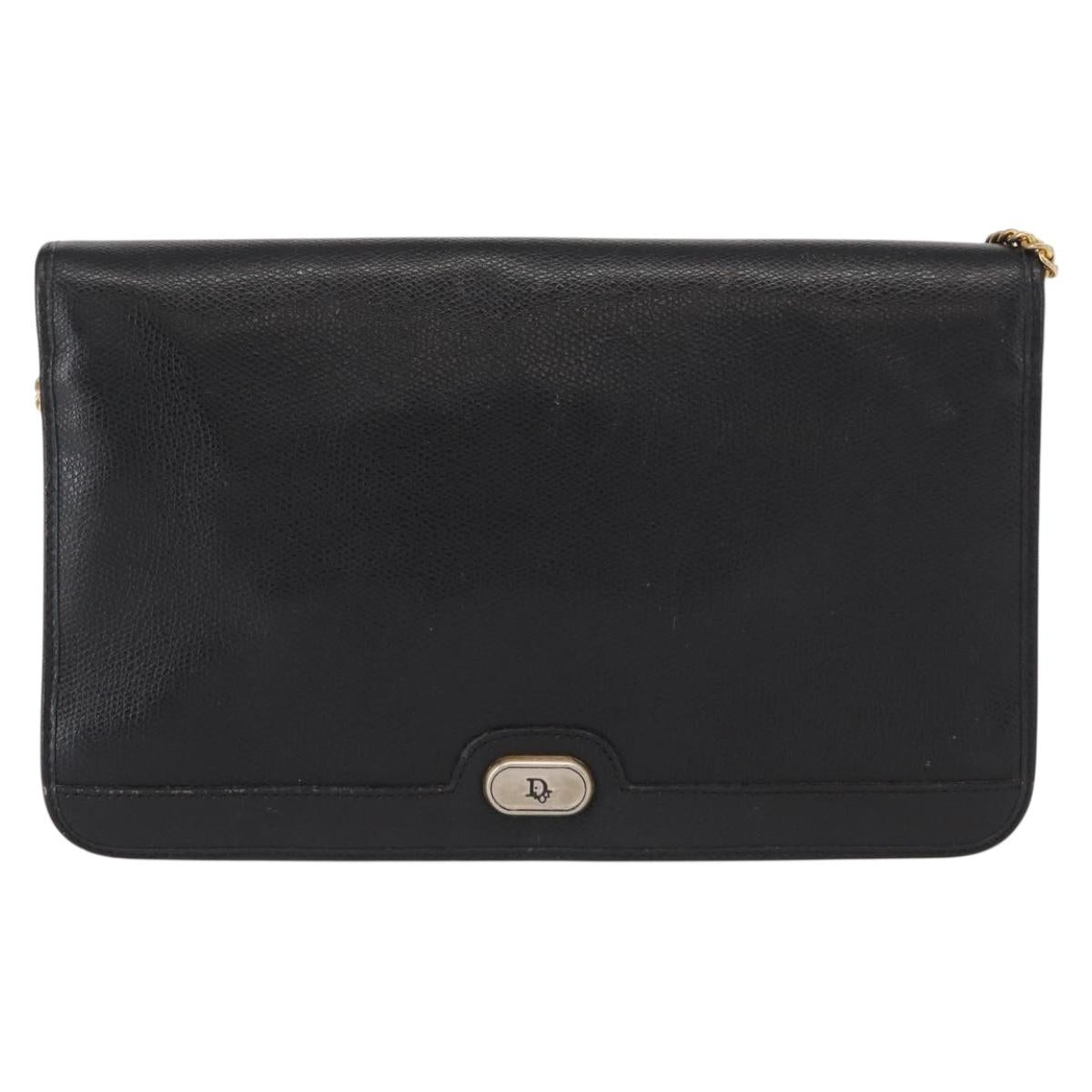 Christian Dior Chain Shoulder Bag Leather Black Gold Auth ka999