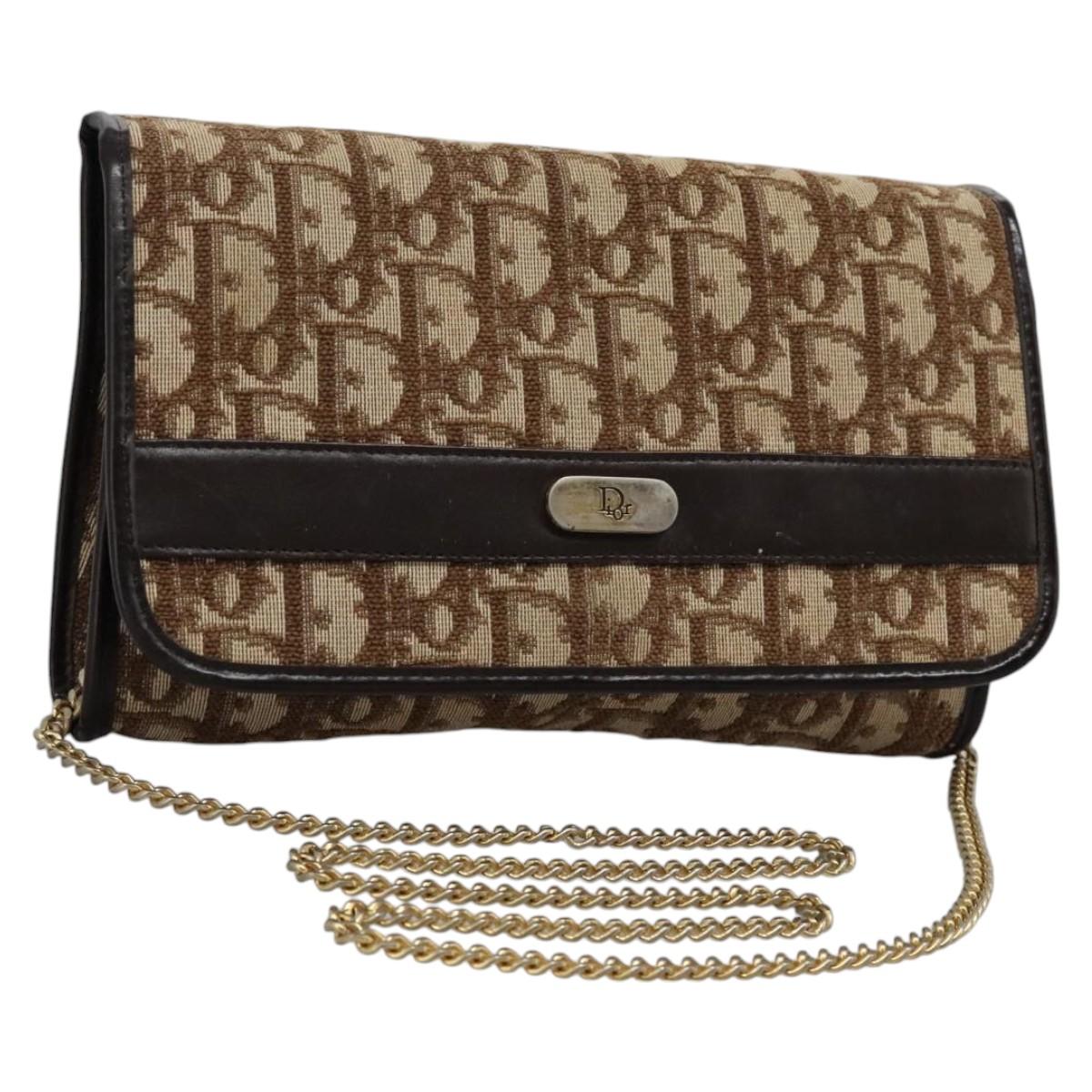 Christian Dior Trotter Canvas Chain Shoulder Bag Brown Gold Auth KD045