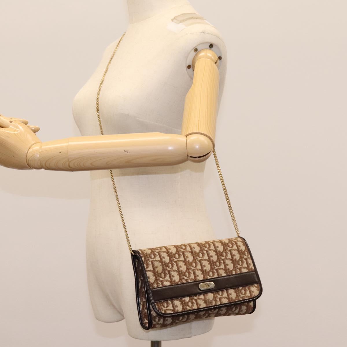 Christian Dior Trotter Canvas Chain Shoulder Bag Brown Gold Auth KD045
