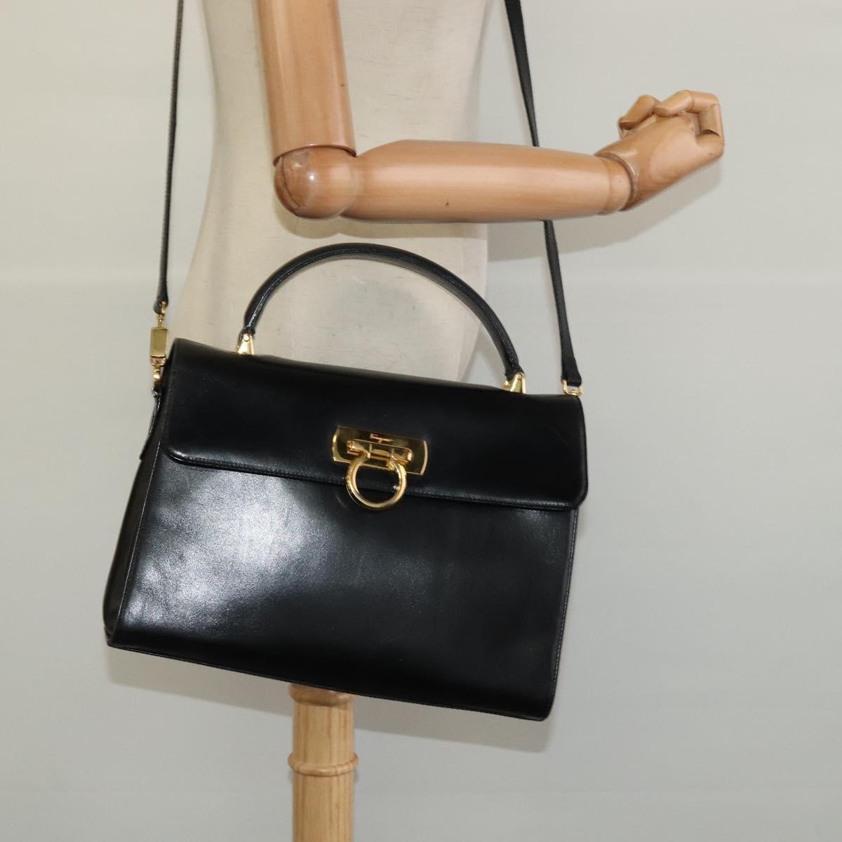 Salvatore Ferragamo Gancini Hand Bag Leather 2way Black Gold Auth KD059