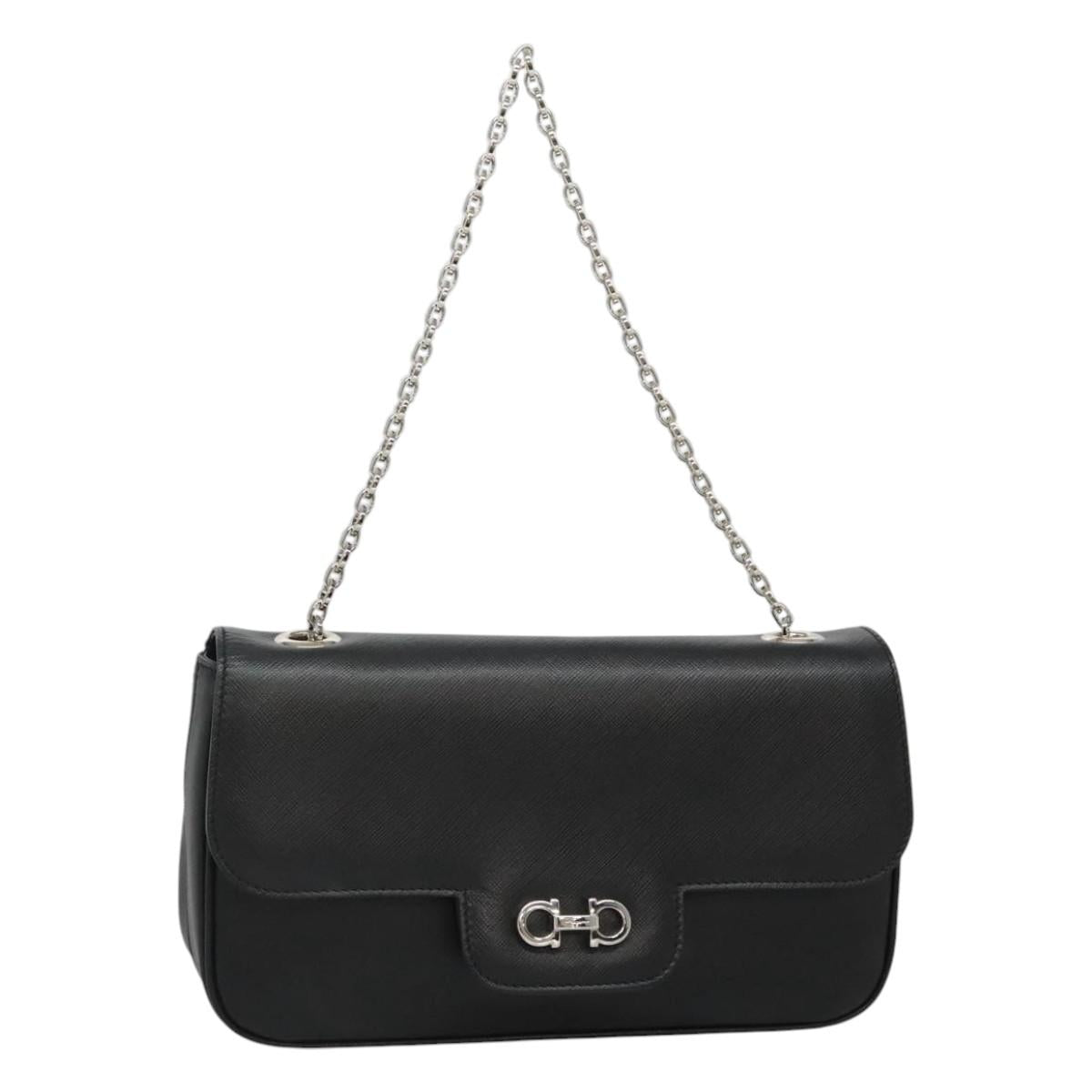 Salvatore Ferragamo Gancini Chain Shoulder Bag Leather Black Silver Auth KD060