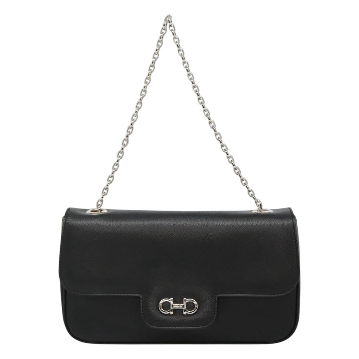 Salvatore Ferragamo Gancini Chain Shoulder Bag Leather Black Silver Auth KD060