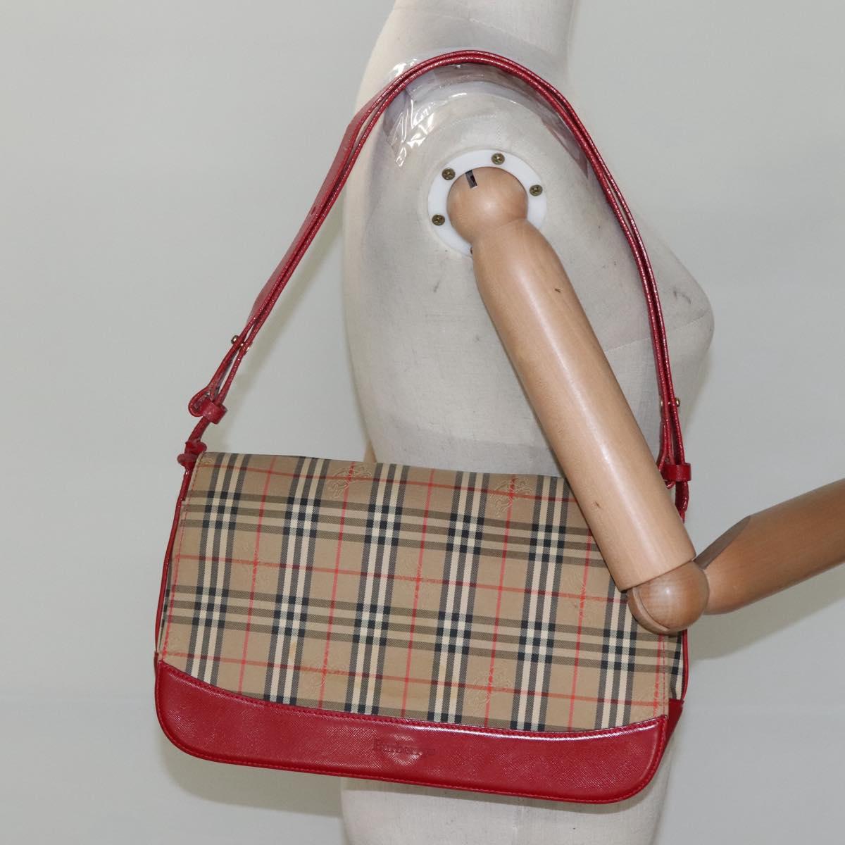 Burberrys Nova Check Shoulder Bag Canvas Leather Beige Red Auth KD063
