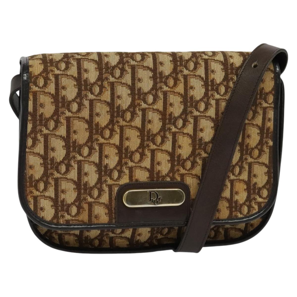 Christian Dior Trotter Canvas Shoulder Bag Brown Gold Auth KD090