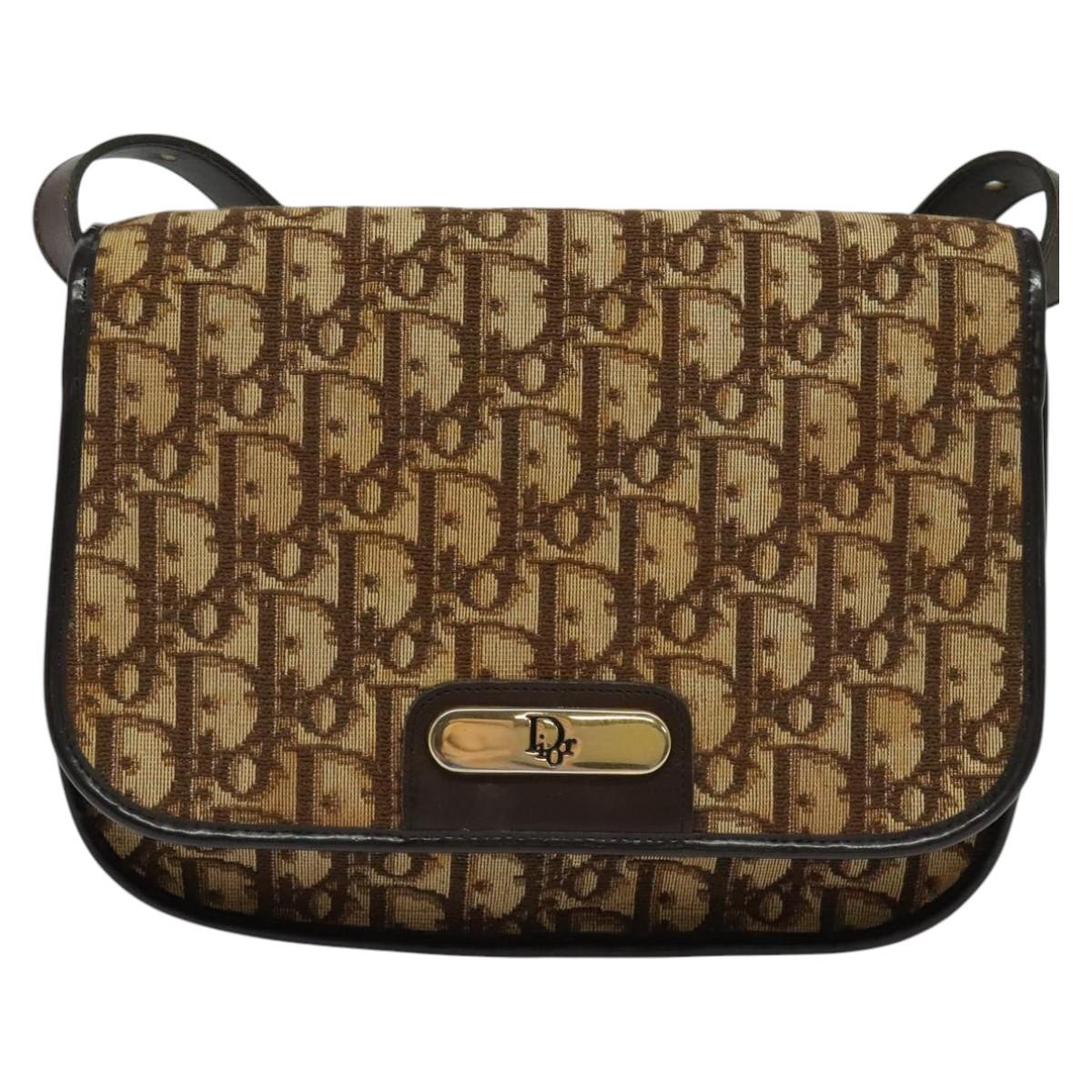 Christian Dior Trotter Canvas Shoulder Bag Brown Gold Auth KD090