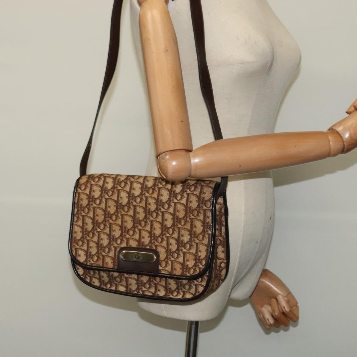 Christian Dior Trotter Canvas Shoulder Bag Brown Gold Auth KD090