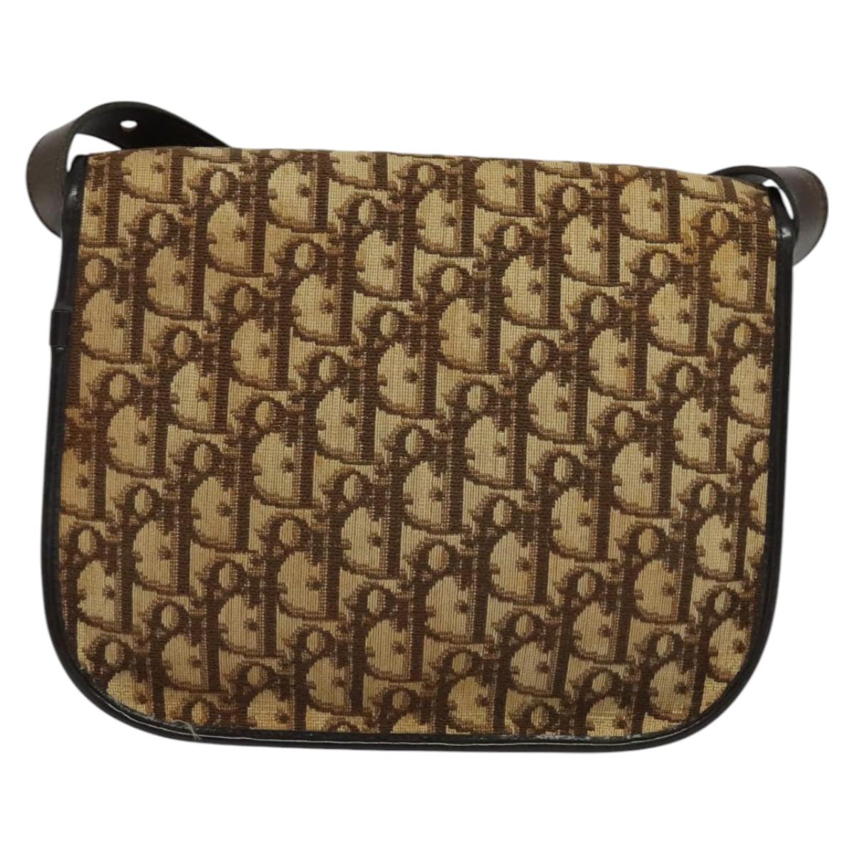 Christian Dior Trotter Canvas Shoulder Bag Brown Gold Auth KD090