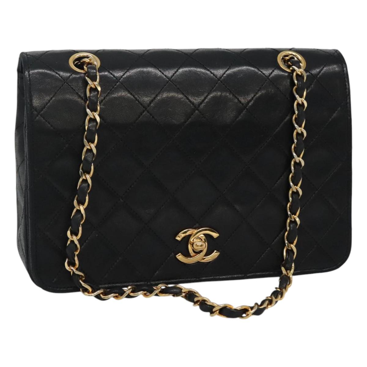 CHANEL Matelasse Chain Shoulder Bag Lamb Skin Black Gold CC Auth KD113