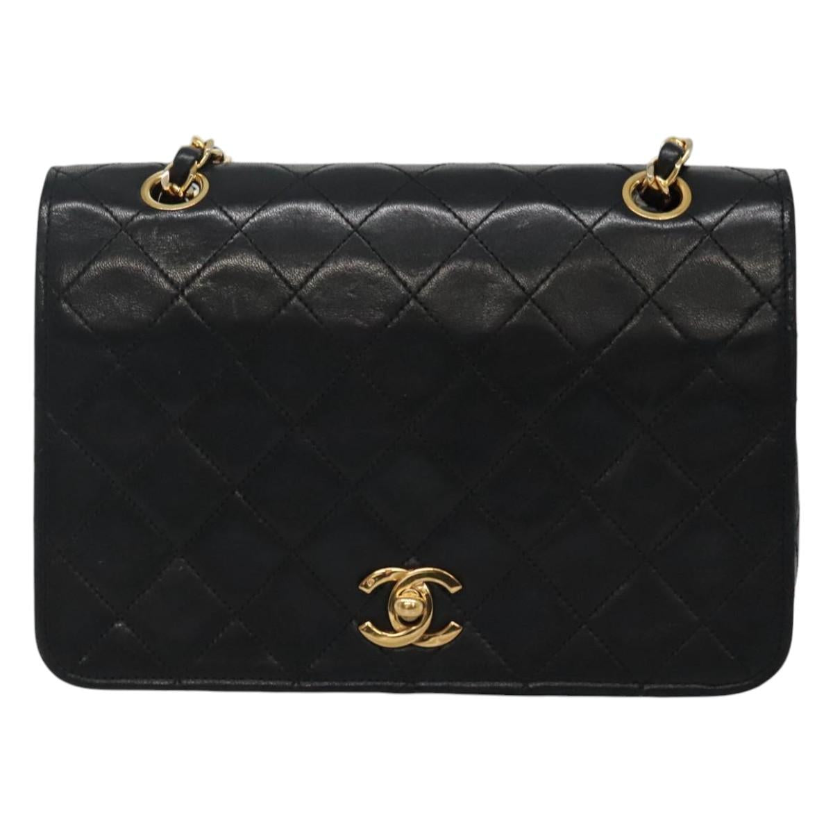 CHANEL Matelasse Chain Shoulder Bag Lamb Skin Black Gold CC Auth KD113