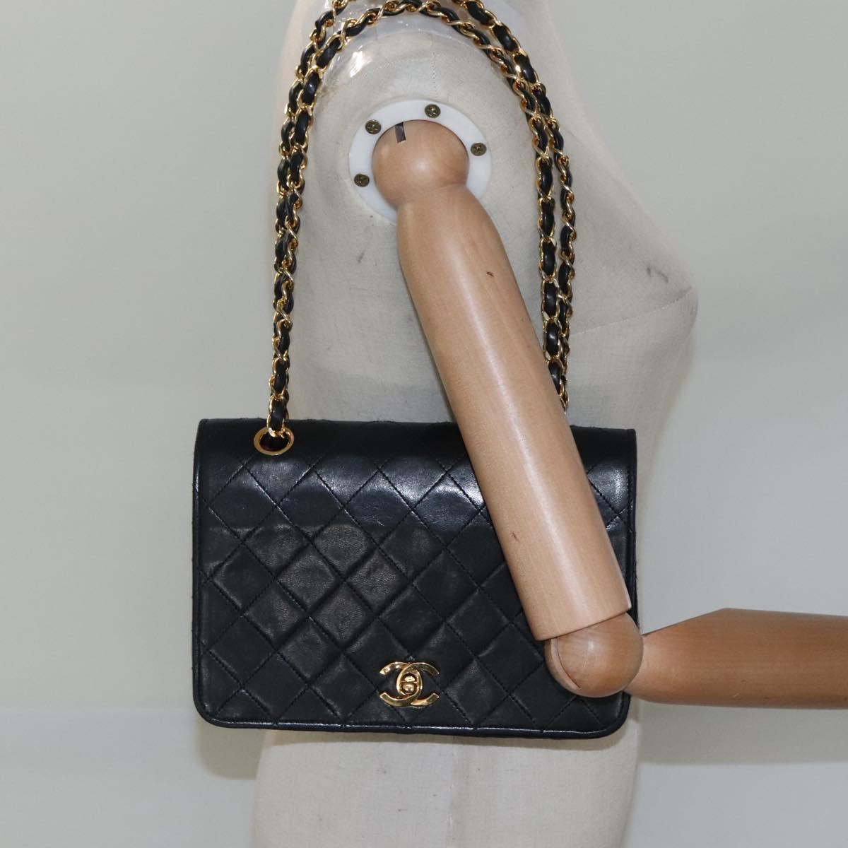 CHANEL Matelasse Chain Shoulder Bag Lamb Skin Black Gold CC Auth KD113