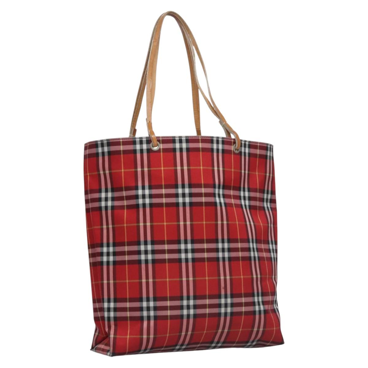 BURBERRY Nova Check Tote Bag Nylon Red Silver Auth KD137