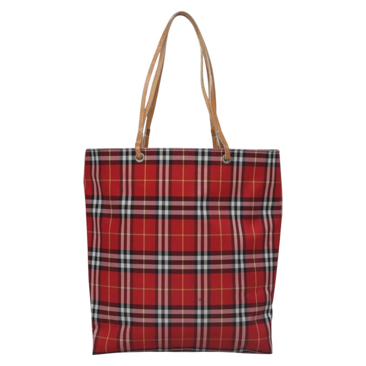 BURBERRY Nova Check Tote Bag Nylon Red Silver Auth KD137