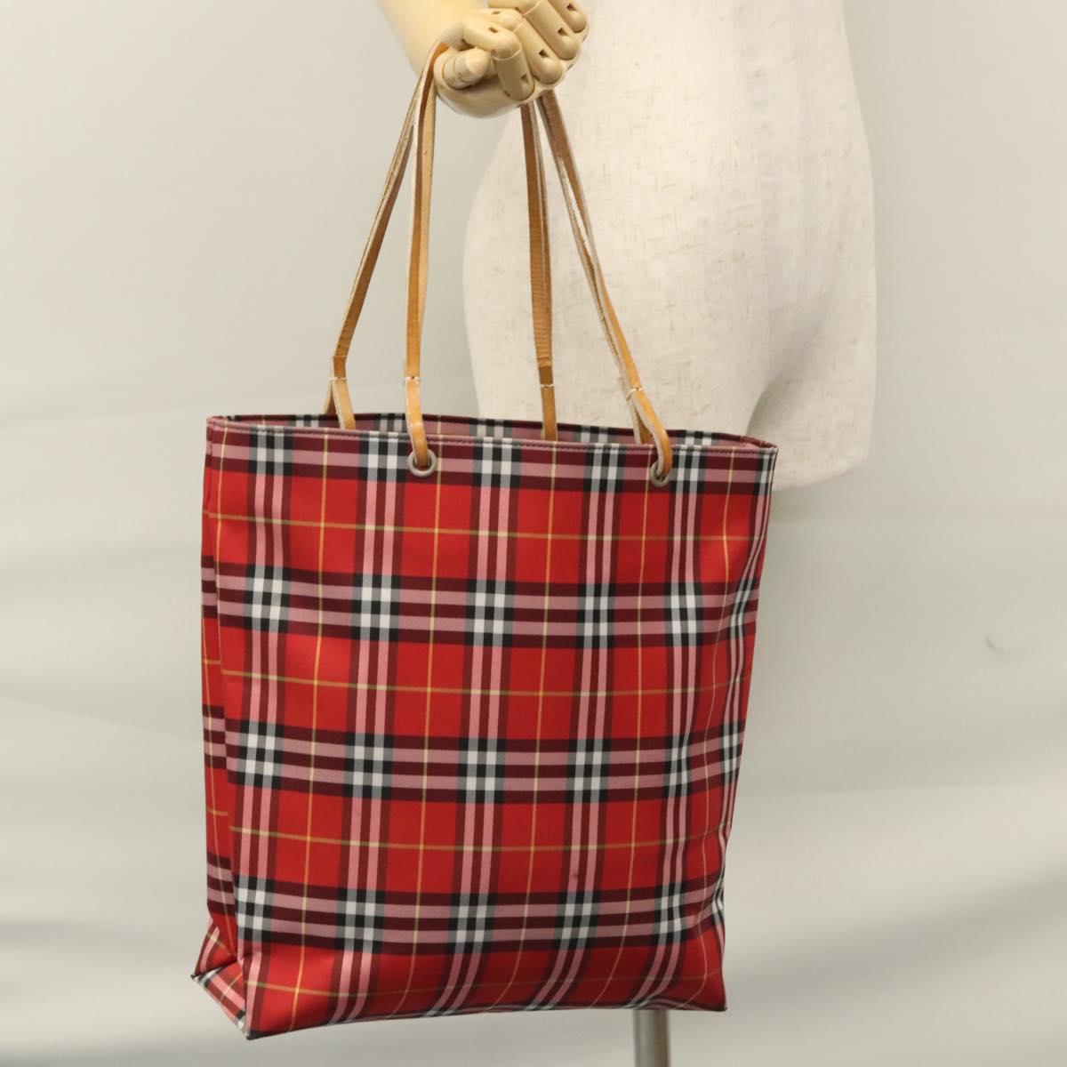 BURBERRY Nova Check Tote Bag Nylon Red Silver Auth KD137