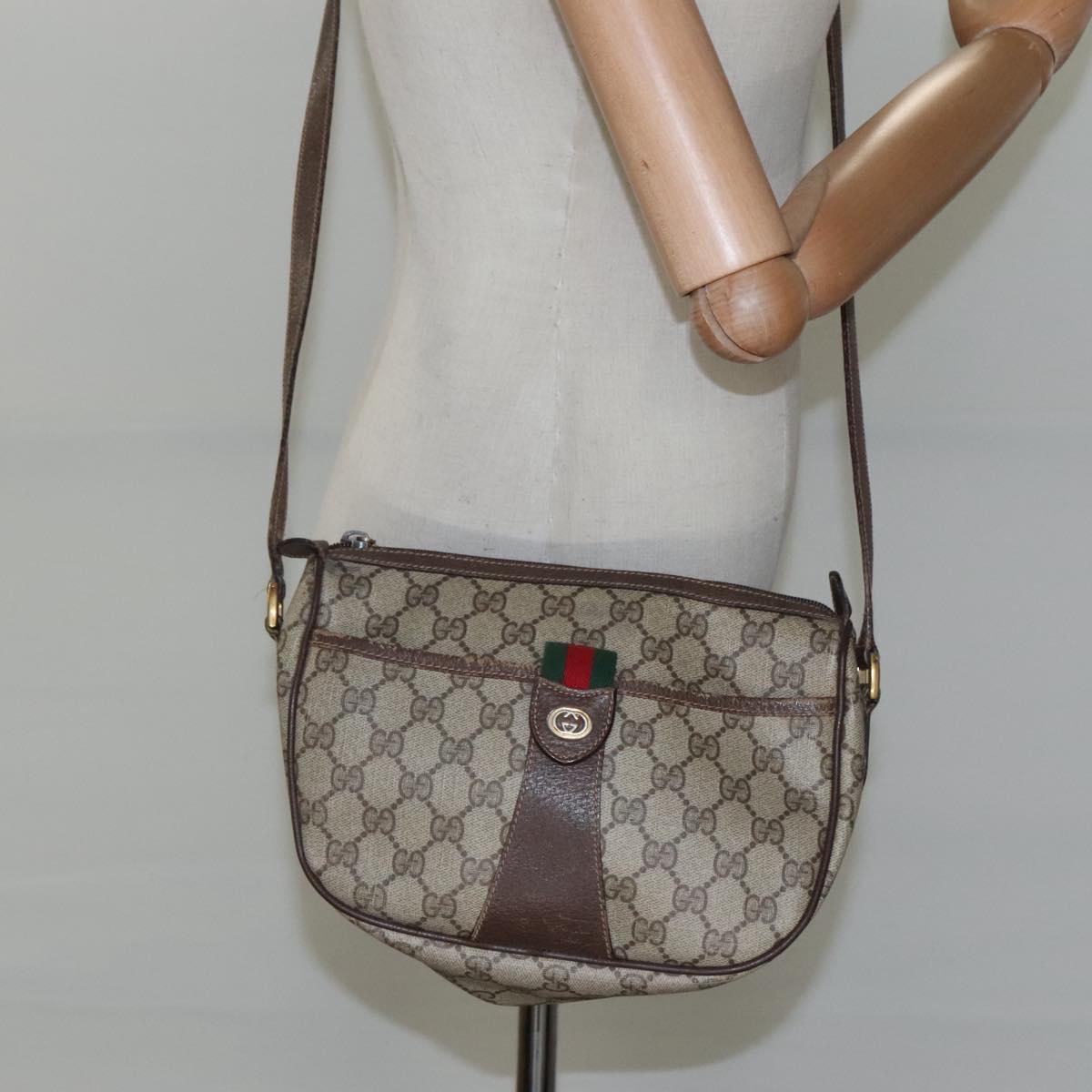 GUCCI GG Supreme Web Sherry Line Shoulder Bag PVC Beige Gold Auth KD211