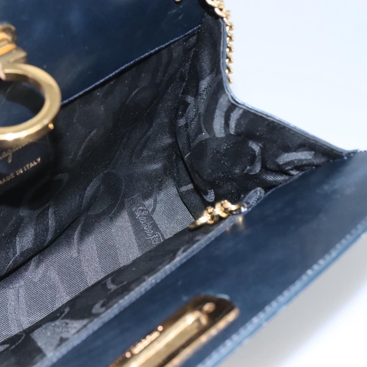 Salvatore Ferragamo Gancini Chain Shoulder Bag Leather Navy Gold Auth KD216