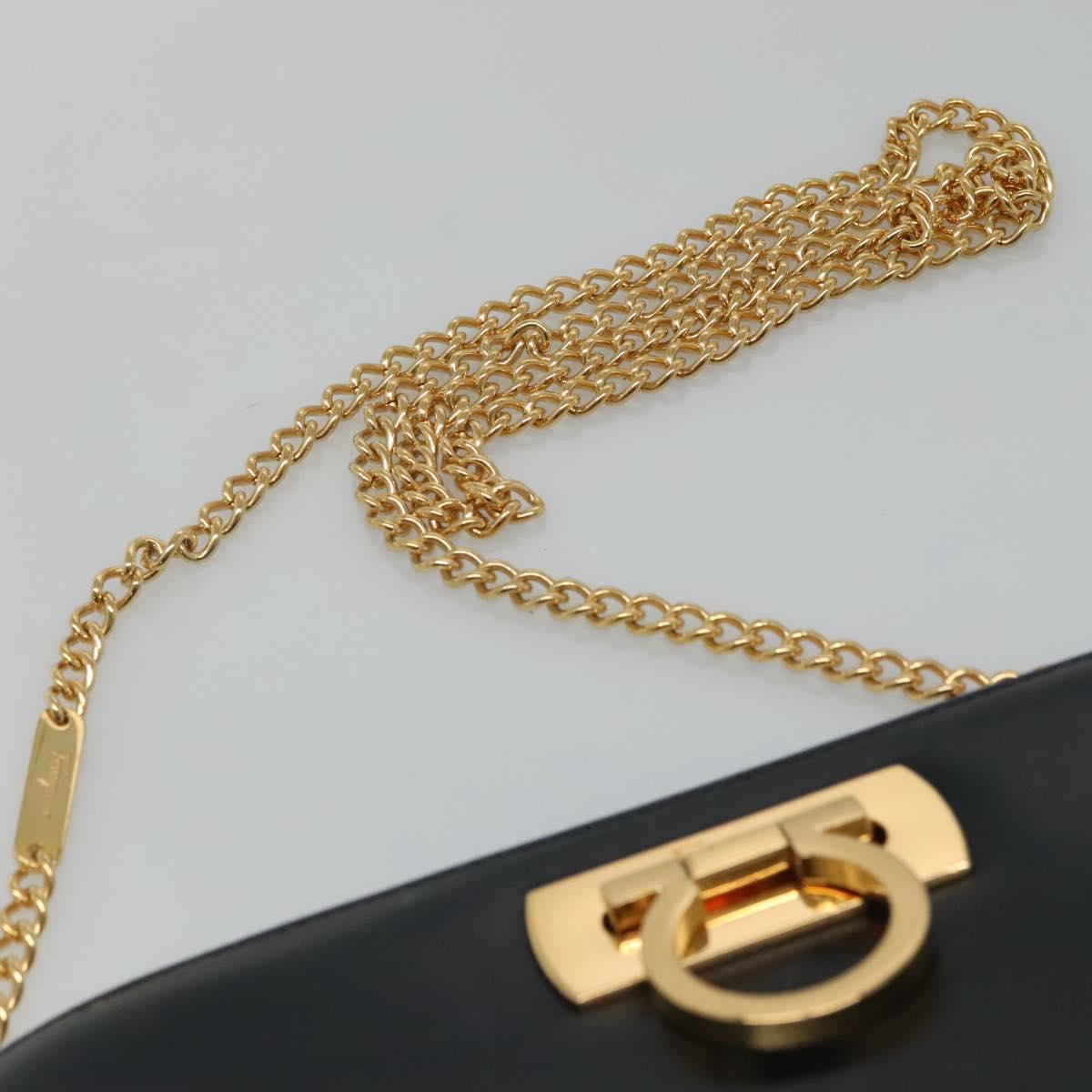 Salvatore Ferragamo Gancini Chain Shoulder Bag Leather Navy Gold Auth KD216
