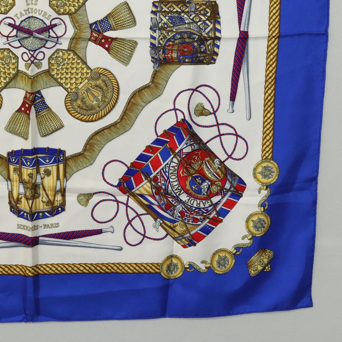 HERMES Carre 90 Scarf ""LES TAMBOURS "" Silk Blue Auth KD222