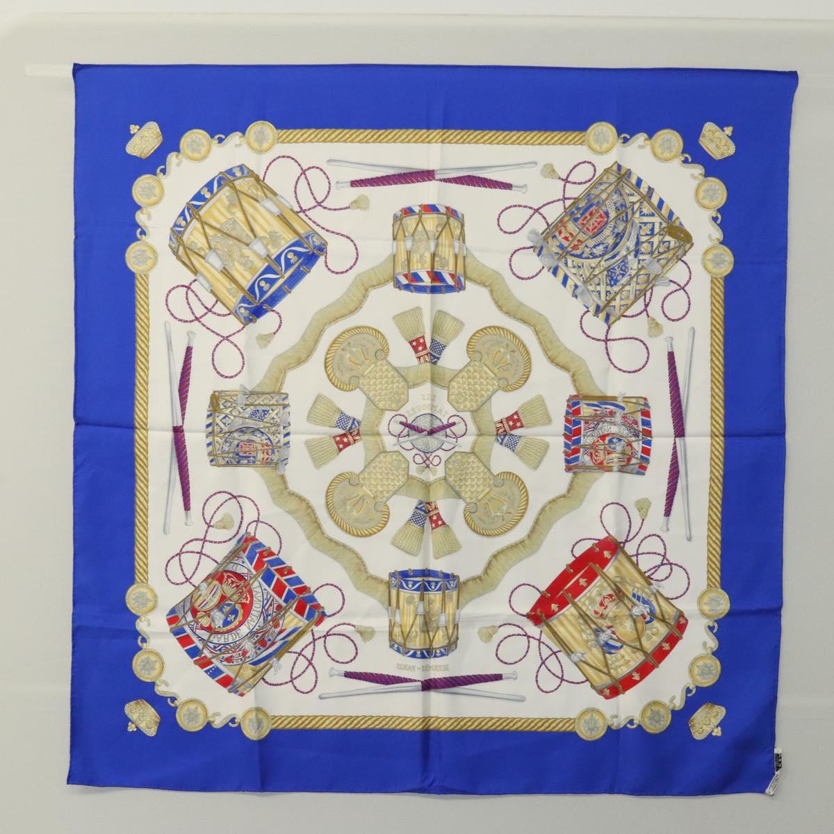 HERMES Carre 90 Scarf ""LES TAMBOURS "" Silk Blue Auth KD222
