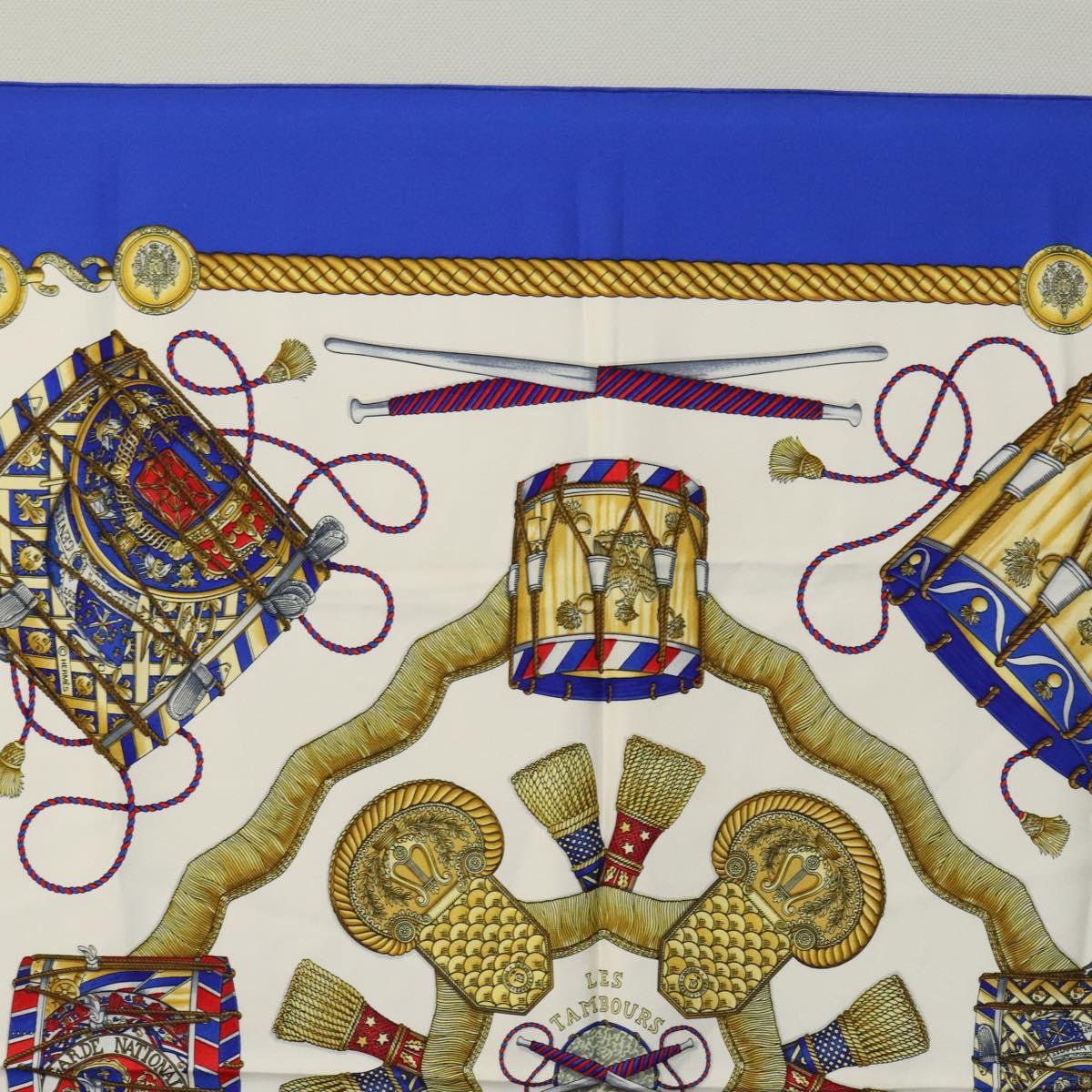 HERMES Carre 90 Scarf ""LES TAMBOURS "" Silk Blue Auth KD222