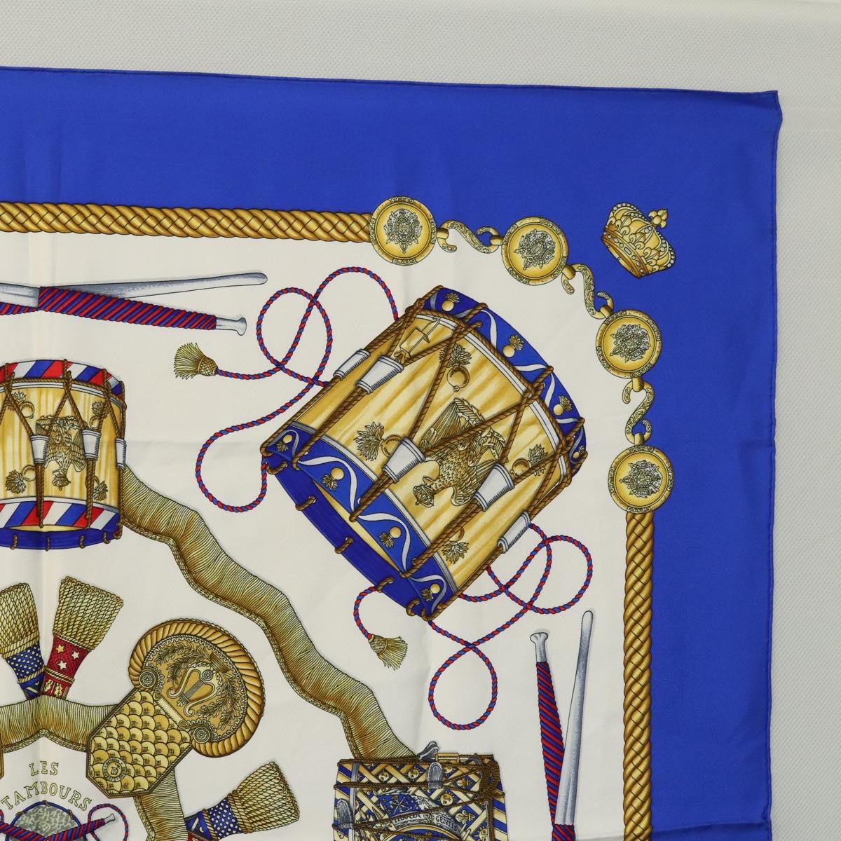 HERMES Carre 90 Scarf ""LES TAMBOURS "" Silk Blue Auth KD222