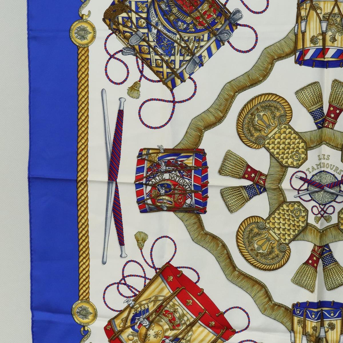 HERMES Carre 90 Scarf ""LES TAMBOURS "" Silk Blue Auth KD222