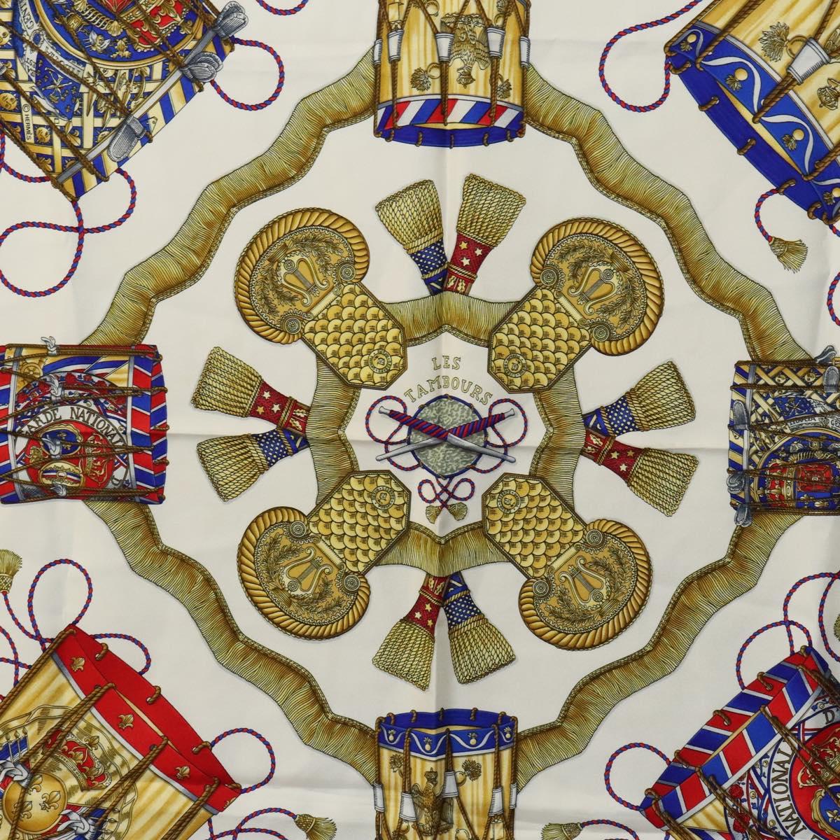 HERMES Carre 90 Scarf ""LES TAMBOURS "" Silk Blue Auth KD222