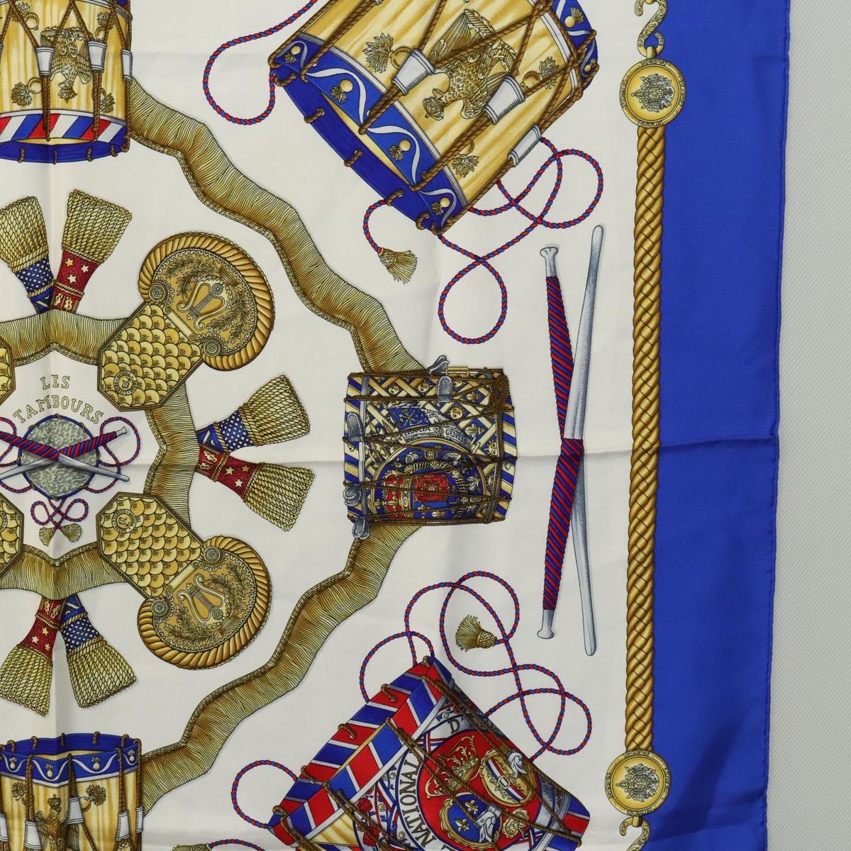 HERMES Carre 90 Scarf ""LES TAMBOURS "" Silk Blue Auth KD222