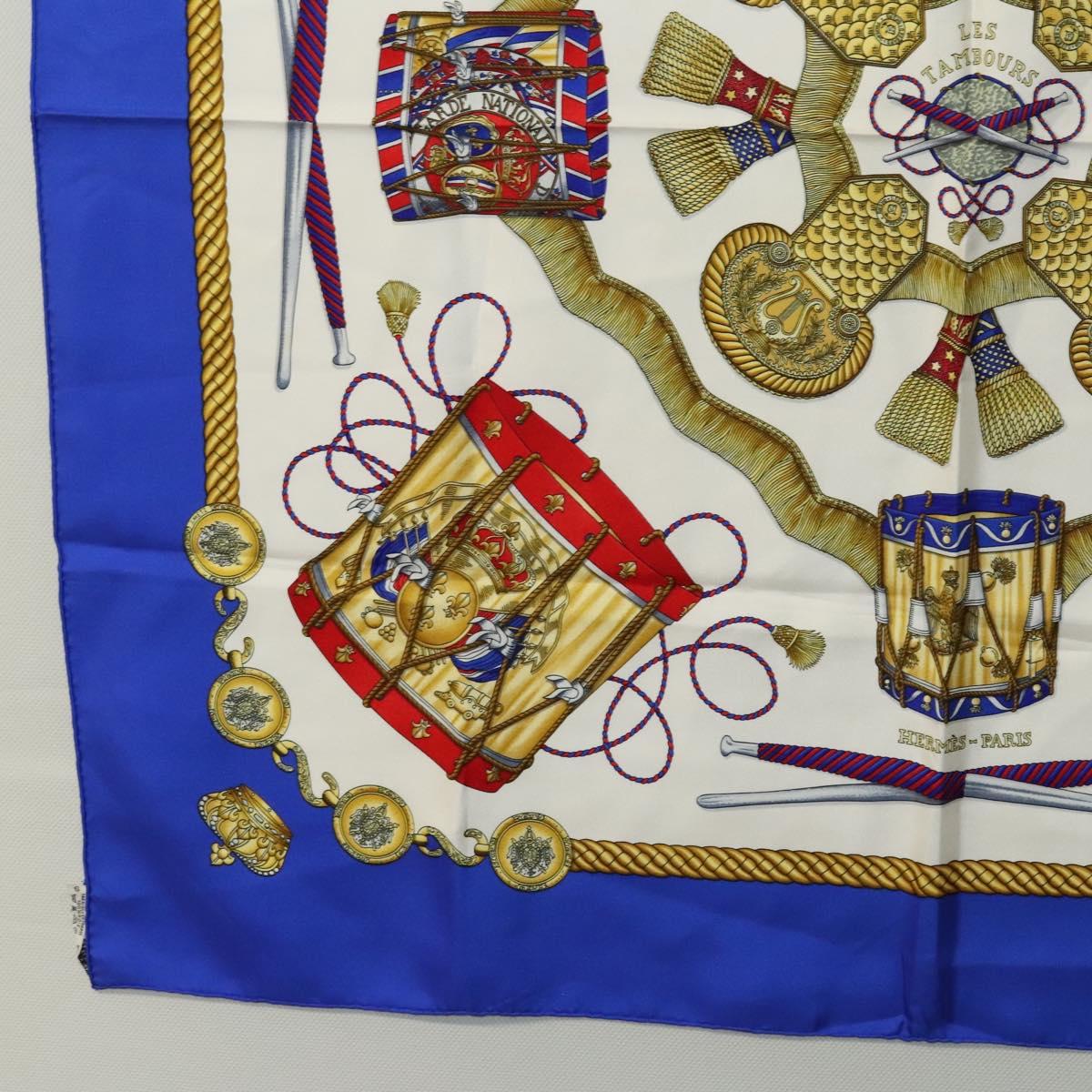 HERMES Carre 90 Scarf ""LES TAMBOURS "" Silk Blue Auth KD222