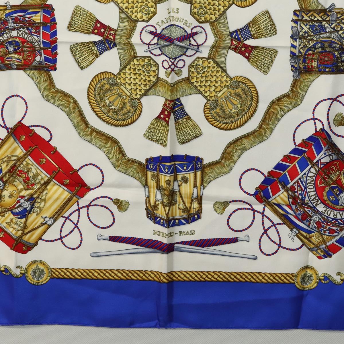 HERMES Carre 90 Scarf ""LES TAMBOURS "" Silk Blue Auth KD222