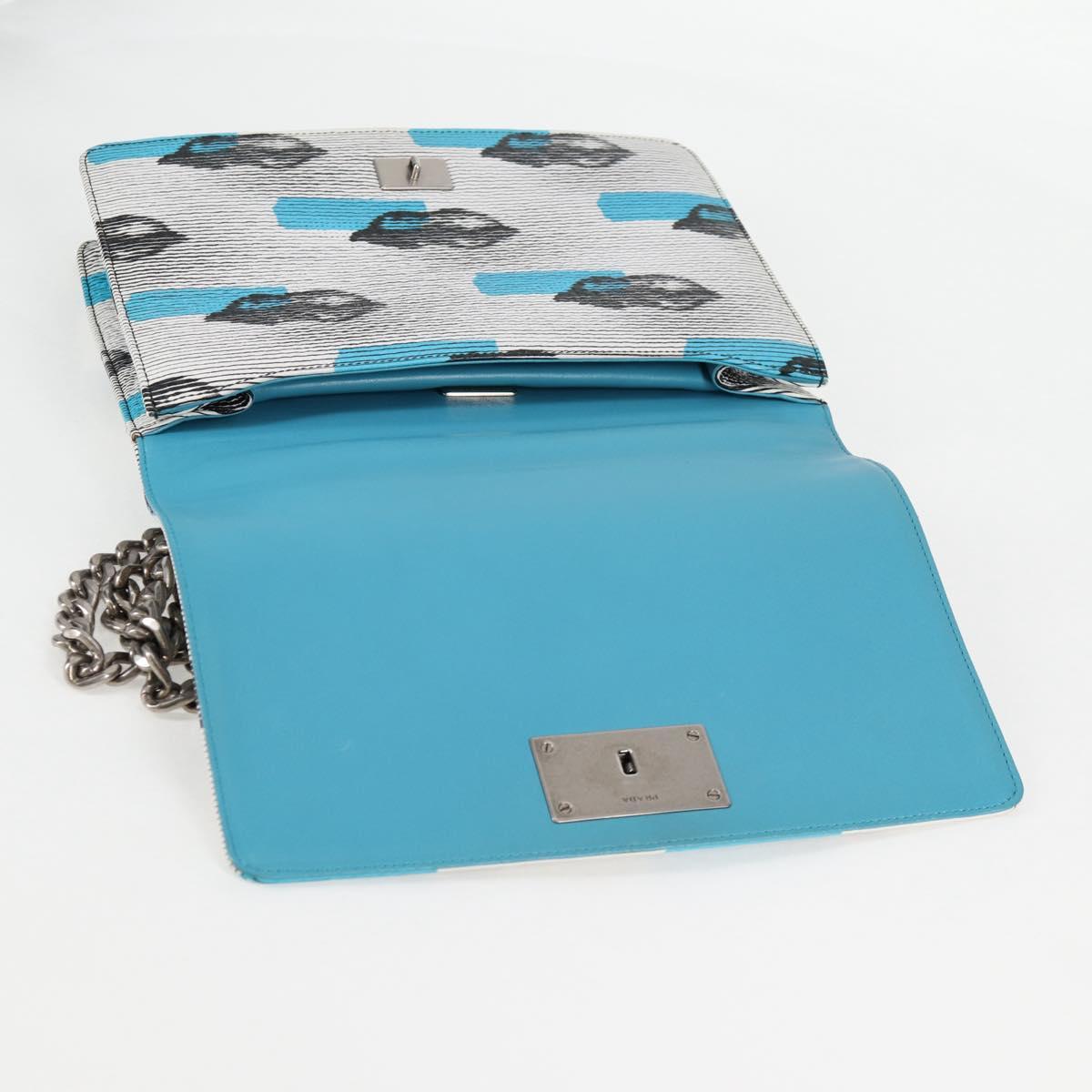 PRADA Chain Shoulder Bag Leather Blue Silver Auth KD283M