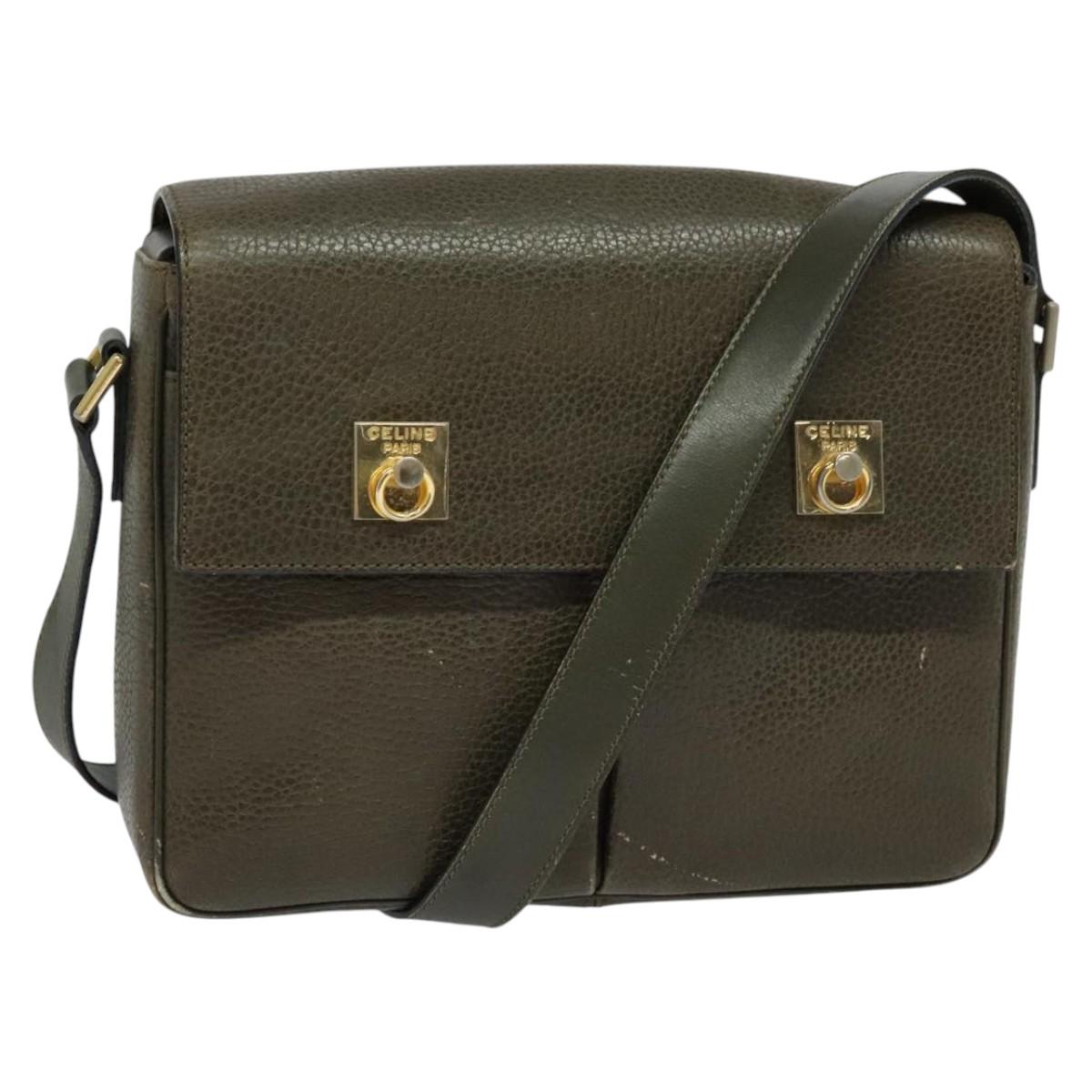 CELINE Shoulder Bag Leather Khaki Gold Auth KD335