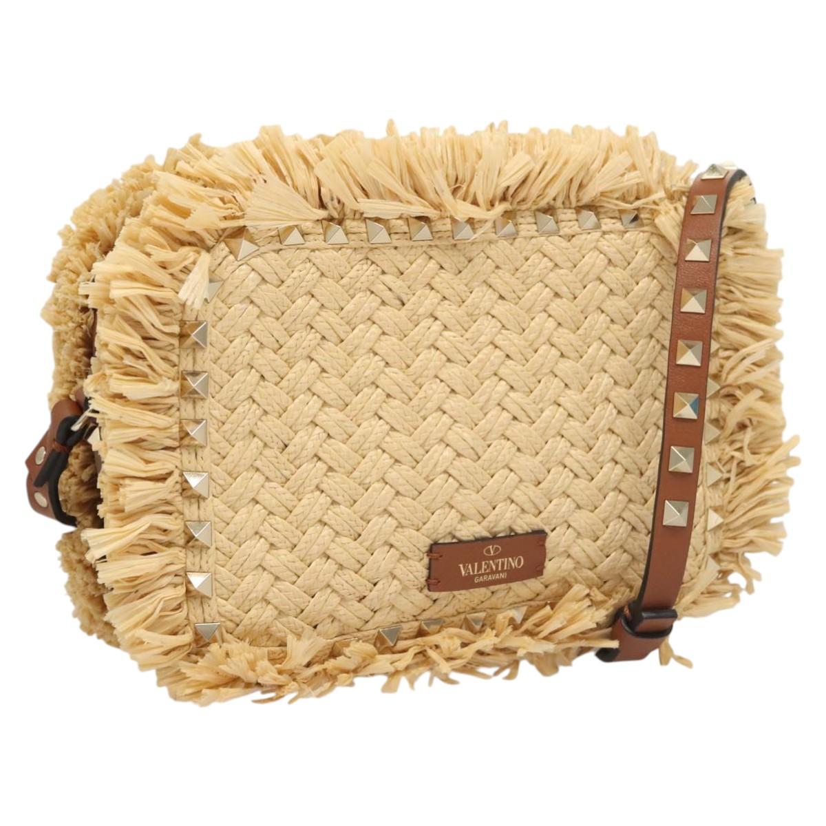 Valentino Studs Shoulder Bag Raffia Beige Brown gold Auth KD385V