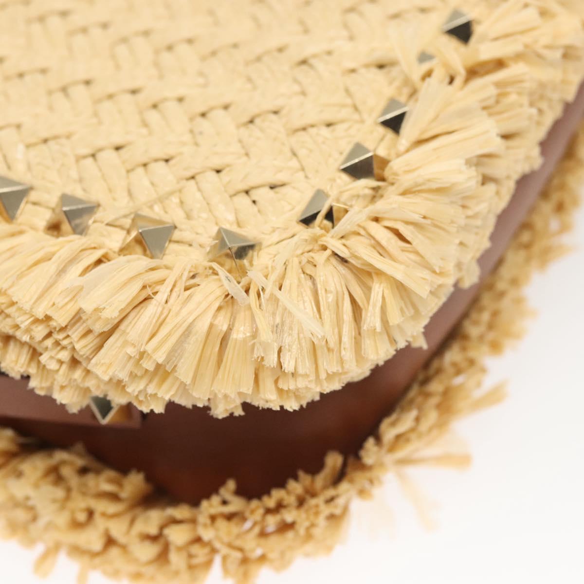 Valentino Studs Shoulder Bag Raffia Beige Brown gold Auth KD385V