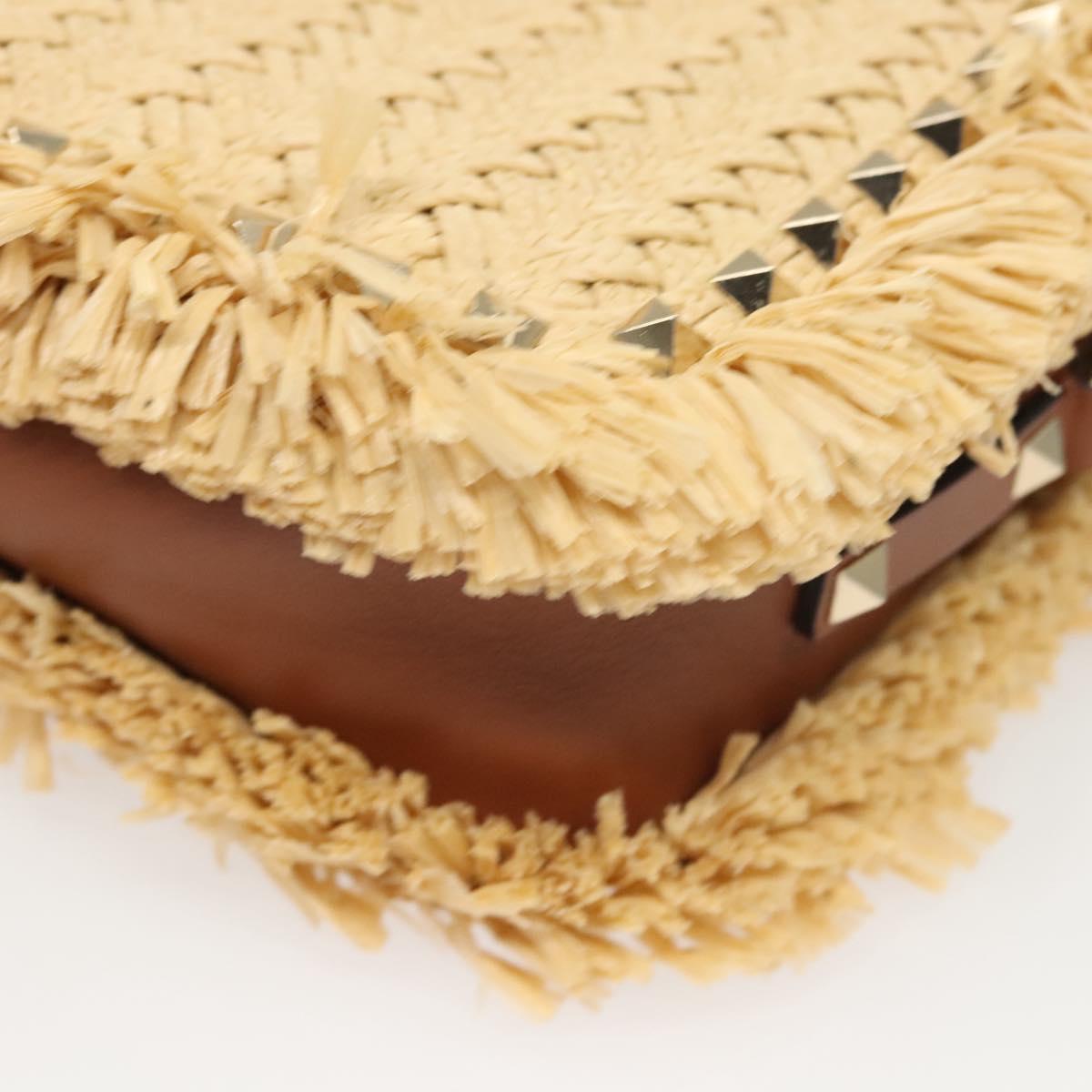 Valentino Studs Shoulder Bag Raffia Beige Brown gold Auth KD385V