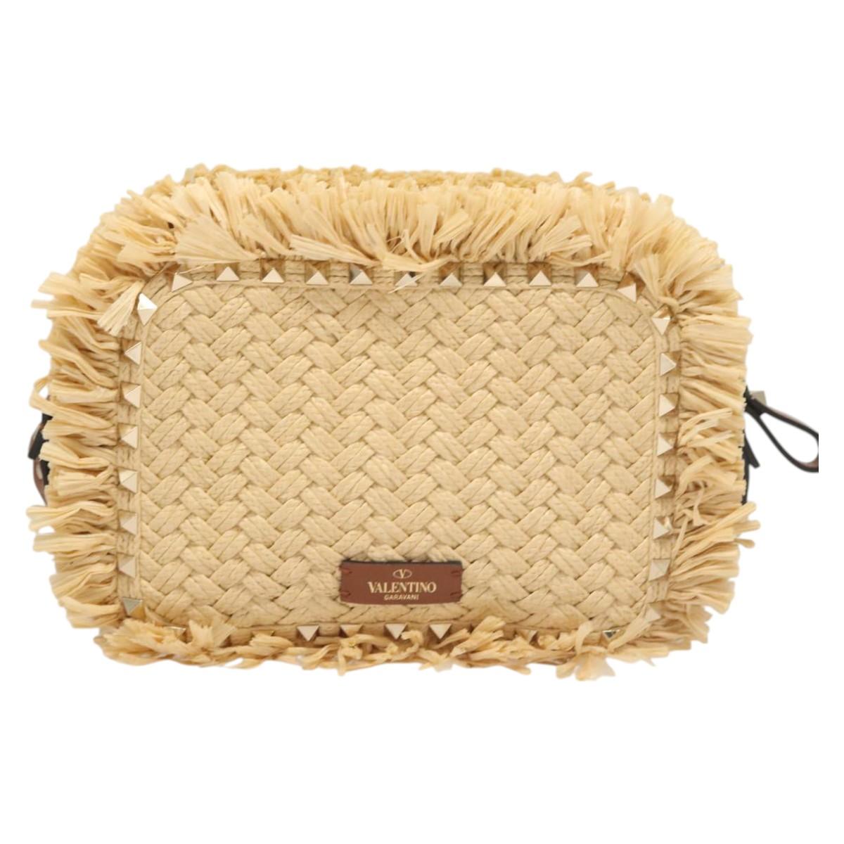 Valentino Studs Shoulder Bag Raffia Beige Brown gold Auth KD385V