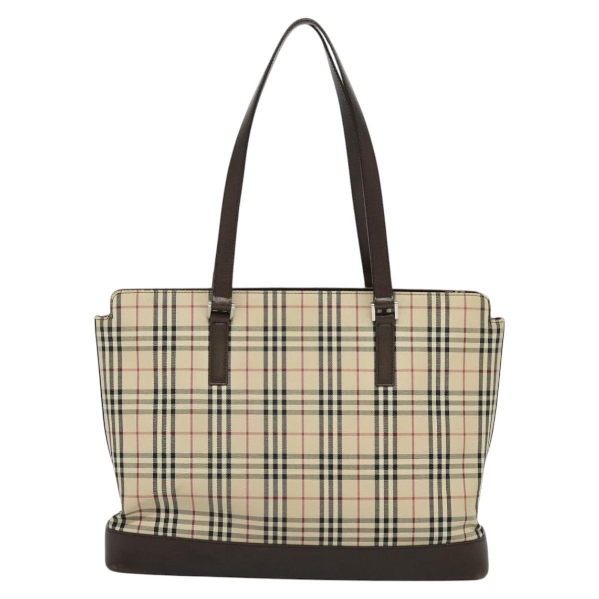 BURBERRY Nova Check Tote Bag Canvas Beige Silver Auth KD427