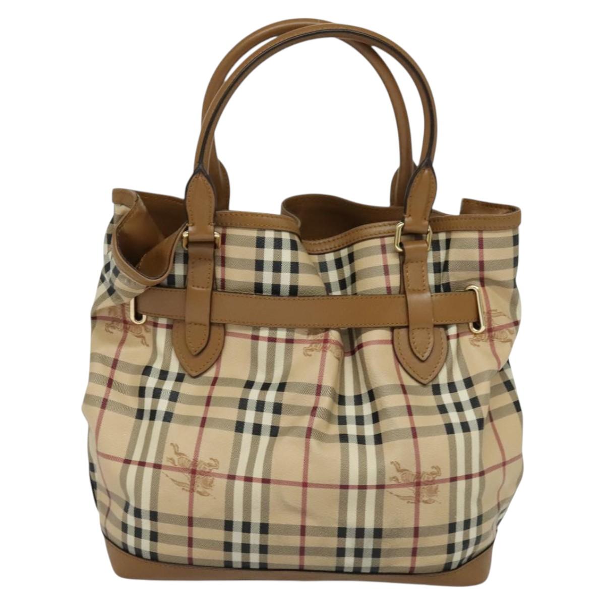 BURBERRY Nova Check Hand Bag PVC 2way Beige Gold Auth KD524