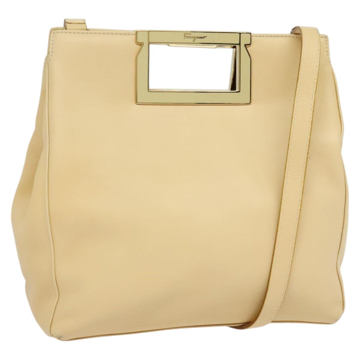 Salvatore Ferragamo Hand Bag Leather 2way Beige Gold Auth KD546