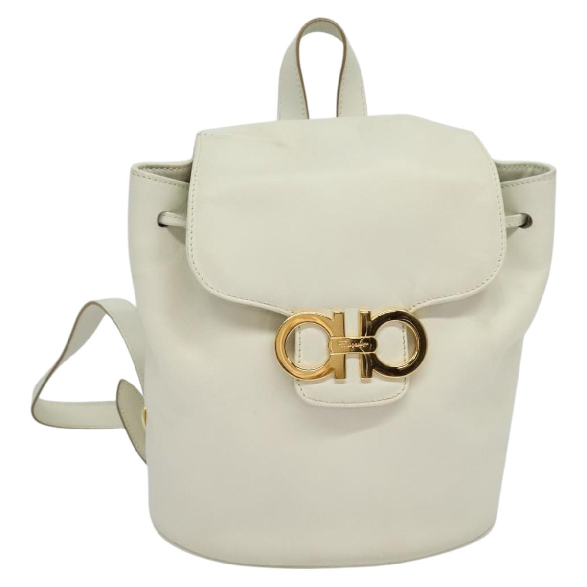 Salvatore Ferragamo Gancini Backpack Leather White Gold Auth KD549