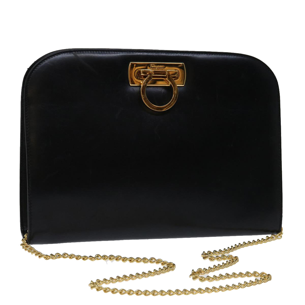 Salvatore Ferragamo Gancini Chain Shoulder Bag Leather Black Auth ki4289