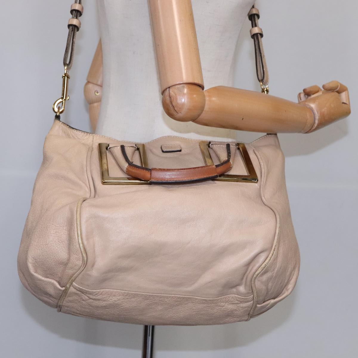 Chloe Etel Hand Bag Leather 2way Beige Gold Auth ki5376