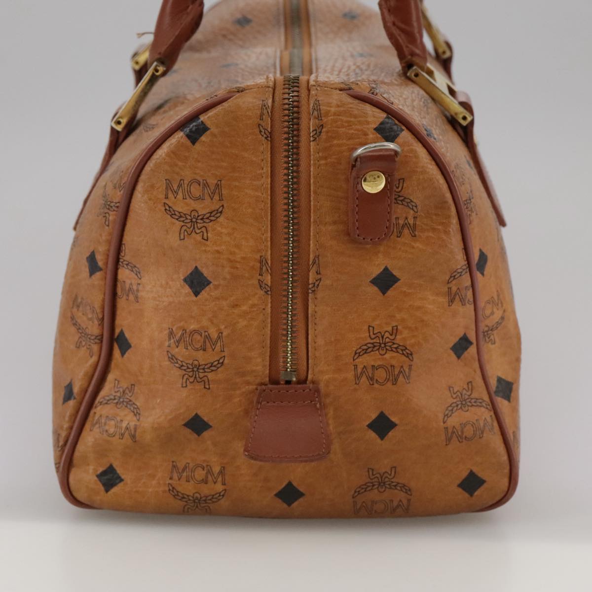 MCM Vicetos Logogram Mini Boston Bag PVC Leather 2way Brown Gold Auth ki5381