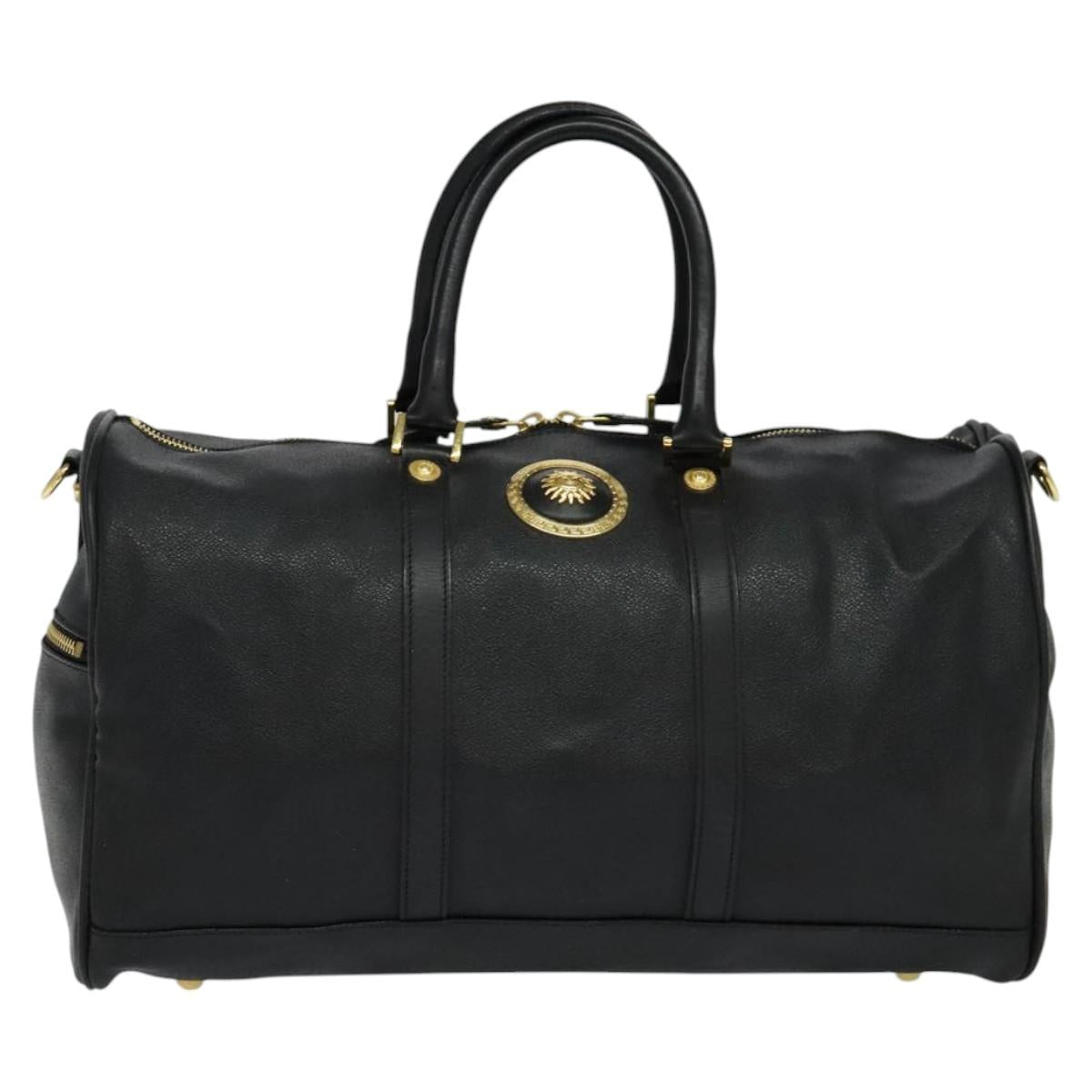 VERSACE Sunface Boston Bag Leather 2way Black Gold Auth ki5390V