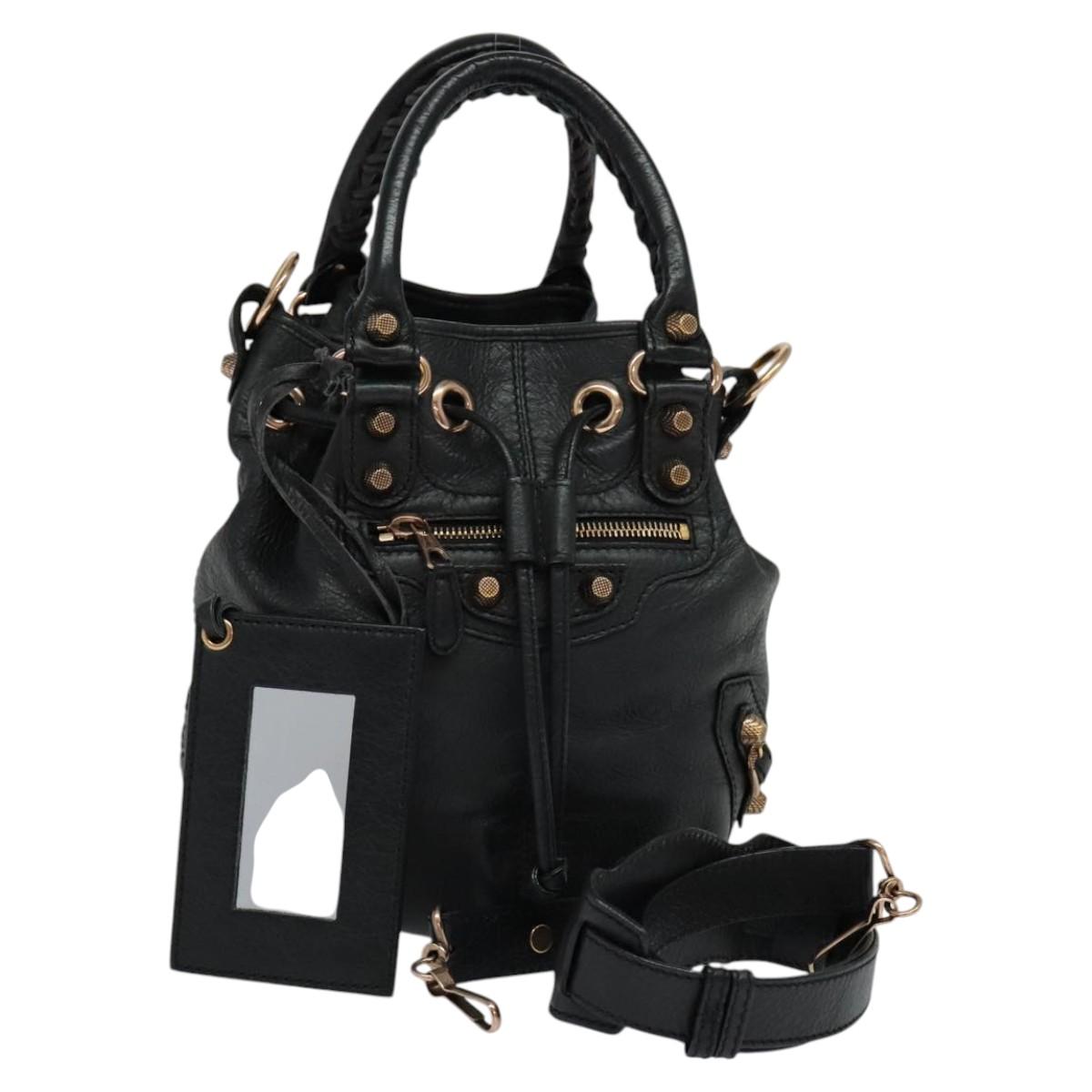 BALENCIAGA Giant Mini Pom Pom Hand Bag Leather 2way Black 285439 Auth ki5426V