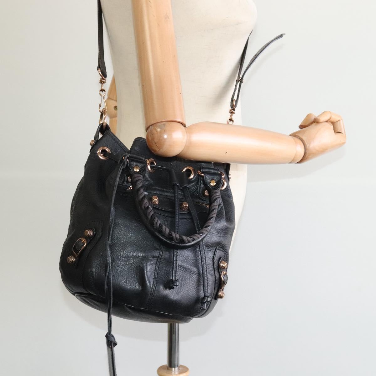 BALENCIAGA Giant Mini Pom Pom Hand Bag Leather 2way Black 285439 Auth ki5426V