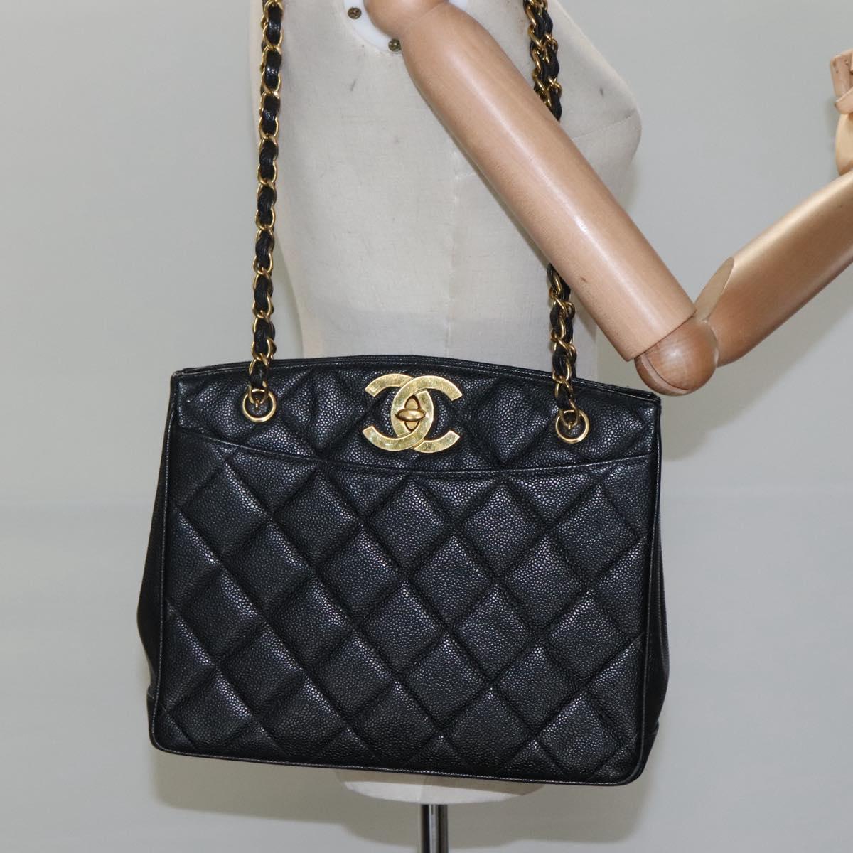 CHANEL Matelasse Chain Shoulder Bag Calf Skin Black Gold CC Auth ki5432